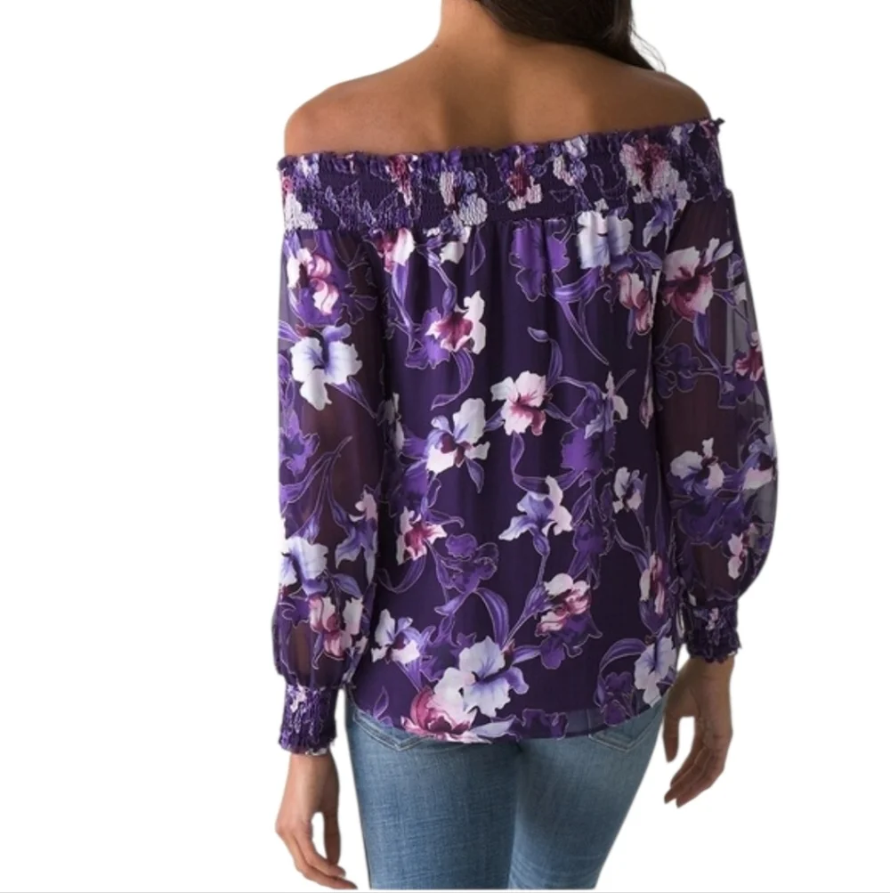 WHITE HOUSE BLACK MARKET M Purple Floral Burnout Silk Blend Off-the-Shoulder Top - Picture 2 of 12